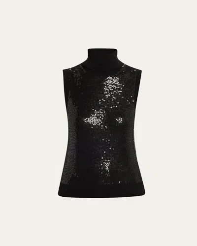 Michael Kors Sequined Sleeveless Cashmere Turtleneck In Black