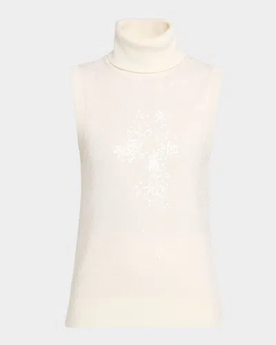 Michael Kors Sequined Sleeveless Cashmere Turtleneck In White