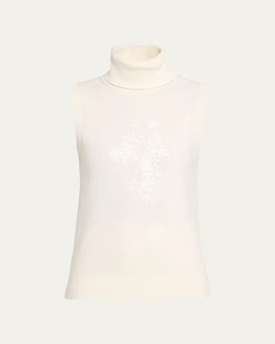 Michael Kors Sequined Sleeveless Cashmere Turtleneck In White