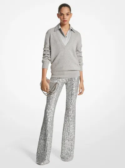 Michael Kors Sequined Stretch Tulle Flared Pants In Silver