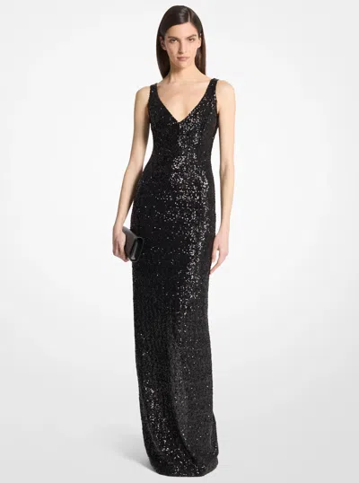 Michael Kors Sequined Stretch Tulle Gown In Black