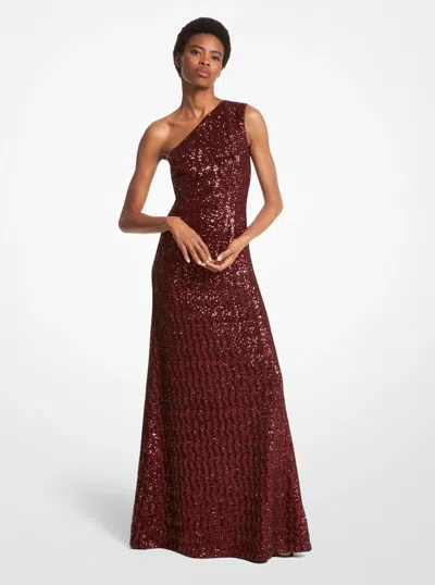 Michael Kors Sequined Stretch Tulle One-shoulder Gown In Red In Burgundy
