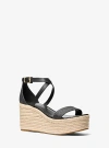 Shop Michael Kors Serena Signature Logo And Leather Wedge Sandal In Black