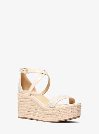 Michael Kors Serena Signature Logo And Leather Wedge Sandal In Natural