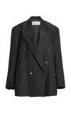 Michael Kors Shawn Double-breasted Sharkskin Linen Blazer In Black