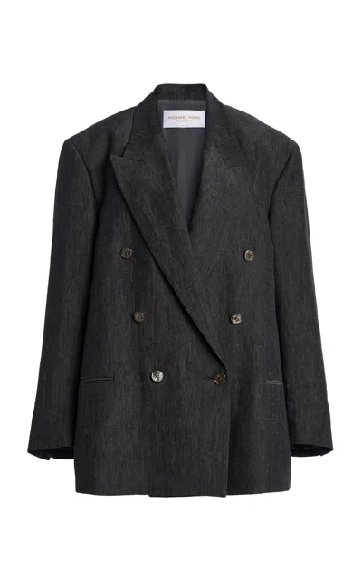 Michael Kors Shawn Double-breasted Sharkskin Linen Blazer In Black