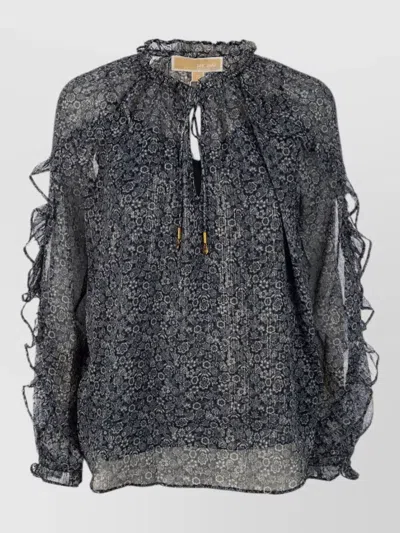 Michael Kors Sheer Floral Ruffle Top Gold Tone Tie In Gray