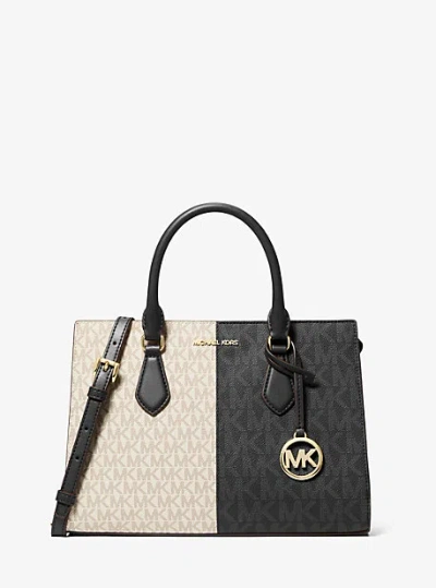 Michael Kors Sheila Medium Two-tone Metallic Signature Logo Satchel In Black