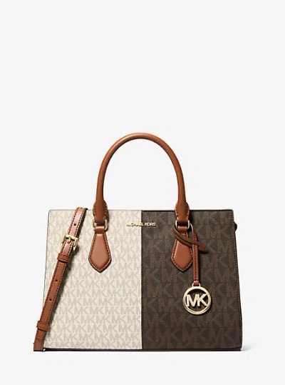 Michael Kors Sheila Medium Two-tone Metallic Signature Logo Satchel In Brown