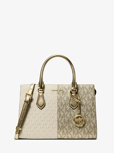Michael Kors Sheila Medium Two-tone Metallic Signature Logo Satchel In Gold