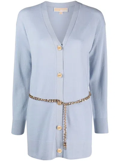 Michael Kors Merino Wool Cardigan With Chain Belt In Blue