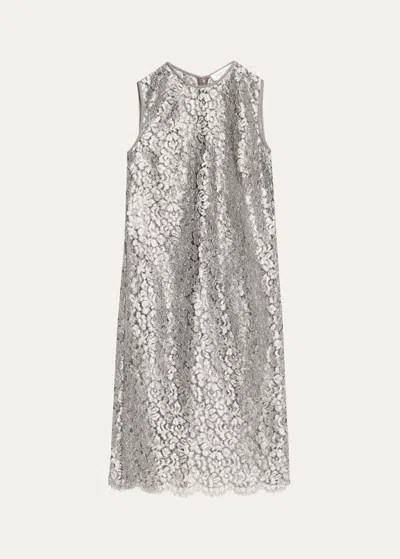Michael Kors Short Metallic Floral Guipure Lace Dress In Gunmetal