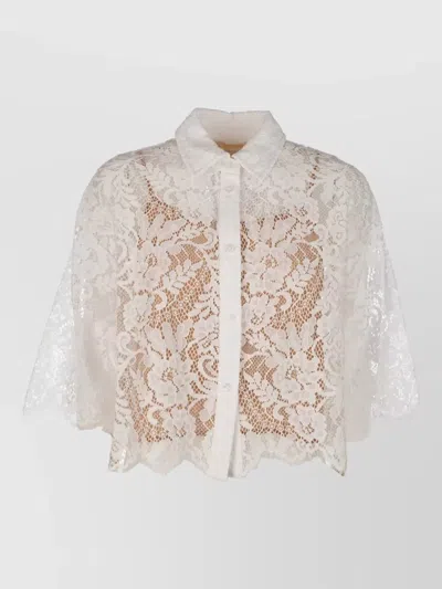 Michael Kors Short Sleeve Lace Sheer Collared Shirt In White