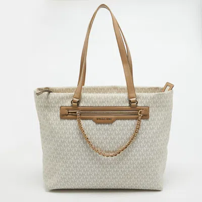 Michael Kors Signature Coated Canvas And Leather Large Slater Tote In White
