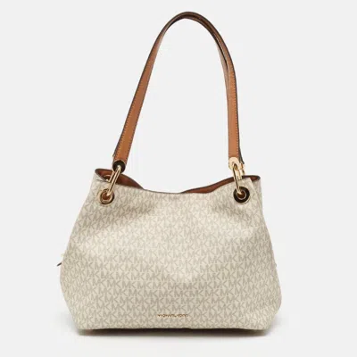 Michael Kors Signature Coated Canvas And Leather Raven Shoulder Bag In White