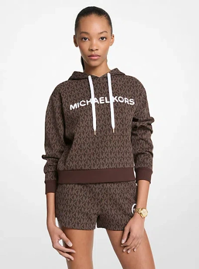 Michael Kors Signature Logo Cotton Blend Cropped Hoodie In Brown