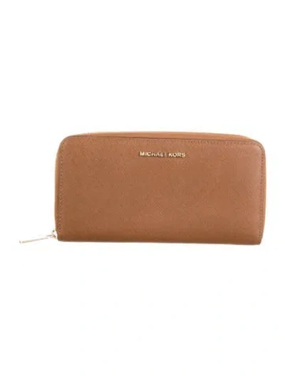 Pre-owned Michael Kors Signature Logo Leather Continental Wallet In Brown