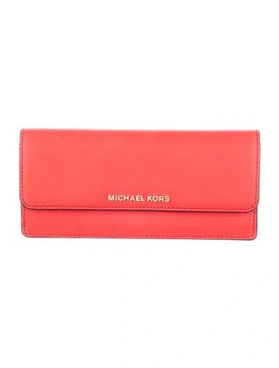 Pre-owned Michael Kors Signature Logo Leather Continental Wallet In Red