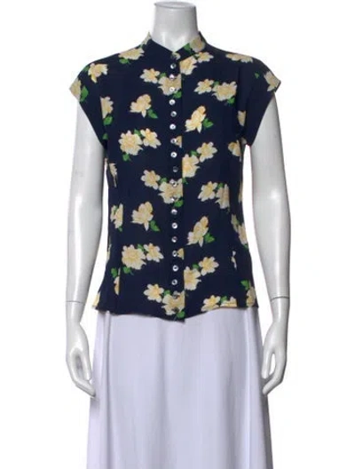 Pre-owned Michael Kors Silk Floral Print Button-up Top In Blue