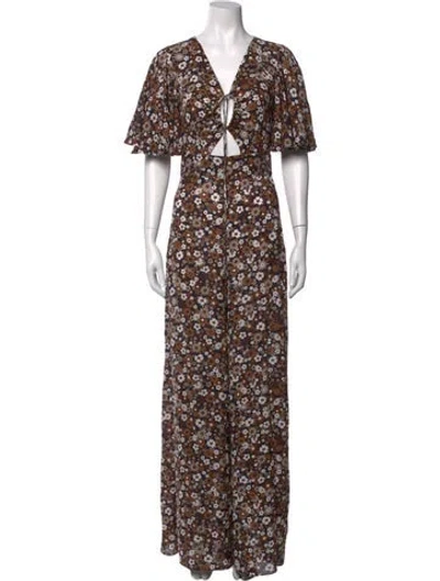 Pre-owned Michael Kors Silk Floral Print Jumpsuit In Brown