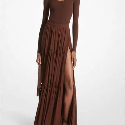 Michael Kors Silk Georgette Button-front Skirt In Brown