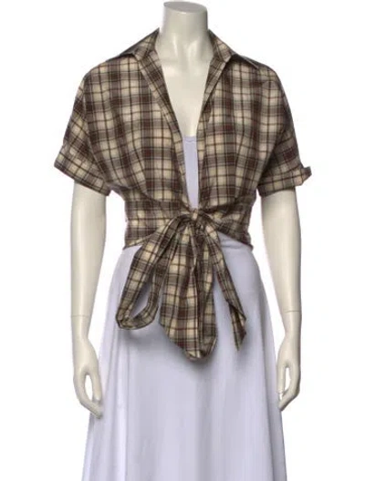 Pre-owned Michael Kors Silk Plaid Print Crop Top In Neutral