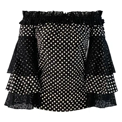 Pre-owned Michael Kors Size Xs Black White Silk Polka Dot Layered Sleeves Off-shoulder Blouse
