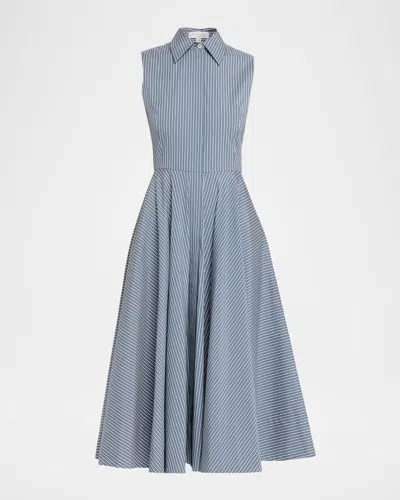Michael Kors Sleeveless Striped Circle-cut Midi Shirtdress In Blue