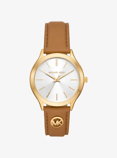 Michael Kors Slim Runway Gold-tone And Leather Watch In Brown