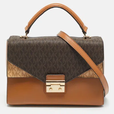 Pre-owned Michael Kors Sloan Flap Brown Signature Coated Canvas And Leather Top Handle Bag
