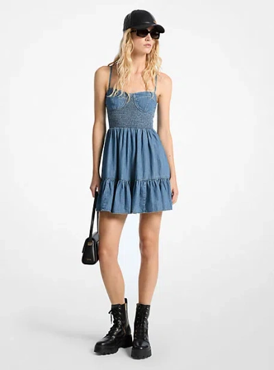 Michael Kors Smocked Bustier Denim Dress In Blue