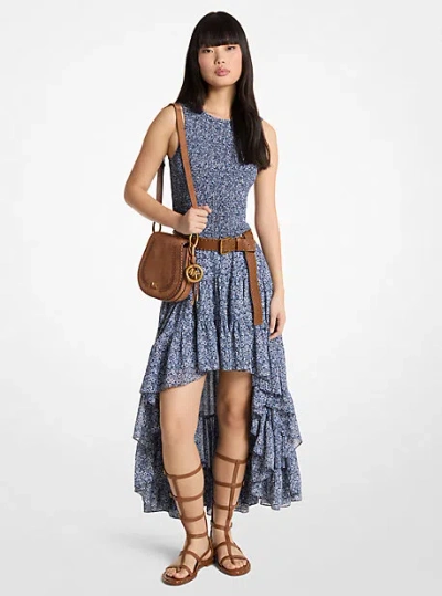 Michael Kors Smocked Floral Print Georgette High-low Dress In Blue