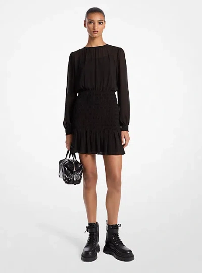 Michael Kors Smocked Georgette Long Sleeve Dress In Black