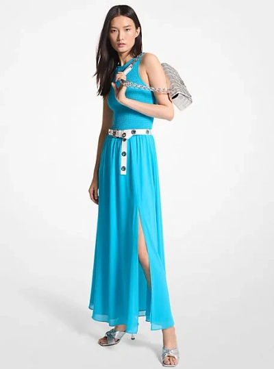 Michael Kors Smocked Georgette Maxi Dress In Blue