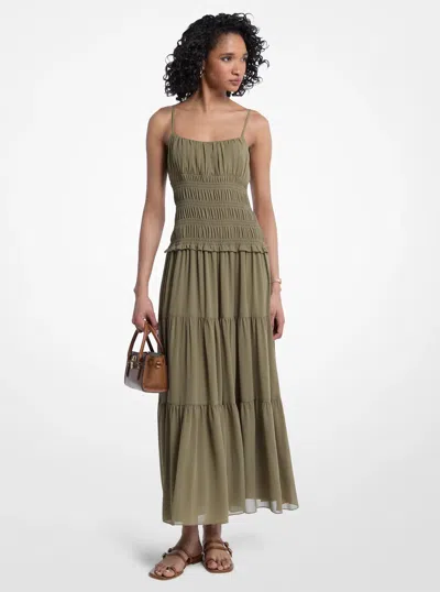 Michael Kors Smocked Georgette Maxi Dress In Green