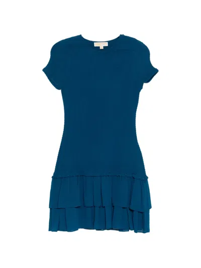 Michael Kors Smocked Georgette Ruffle Mini Dress In Blue