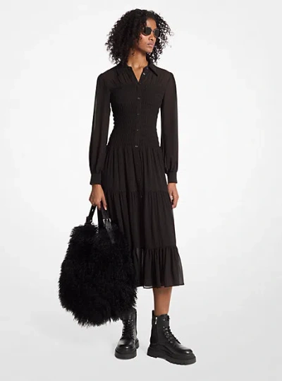 Michael Kors Smocked Georgette Shirtdress In Black