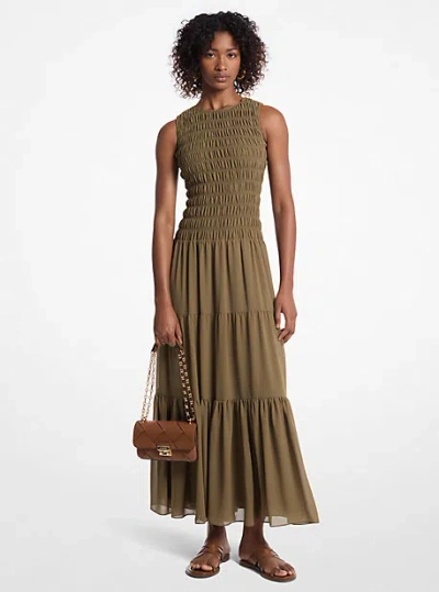 Michael Kors Smocked Georgette Tank Dress In Green