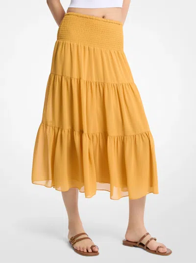Michael Kors Smocked Georgette Tiered Skirt In Yellow