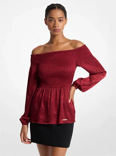 Michael Kors Smocked Moiré Jacquard Off-the-shoulder Top In Red