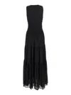 Michael Kors Black Crewneck Sleeveless Long Dress With Ruches And Ruffled Skirt In Tech Fabric Woman In Black
