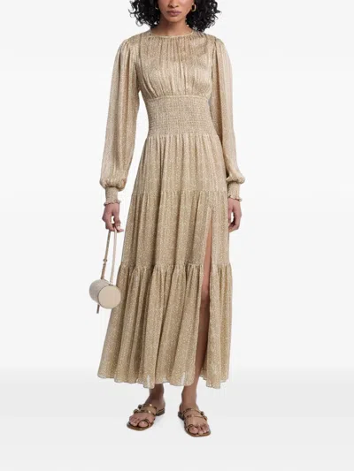 Michael Kors Smocked Tiered Midi Dress In Gold