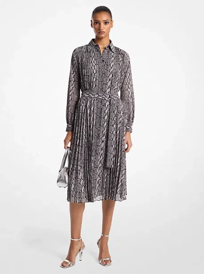 Michael Kors Snake Print Georgette Pleated Shirtdress In Black