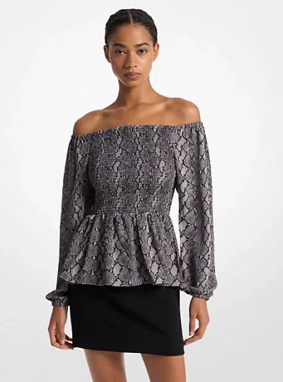 Michael Kors Snake Print Satin Back Crepe Off-the-shoulder Blouse In Black