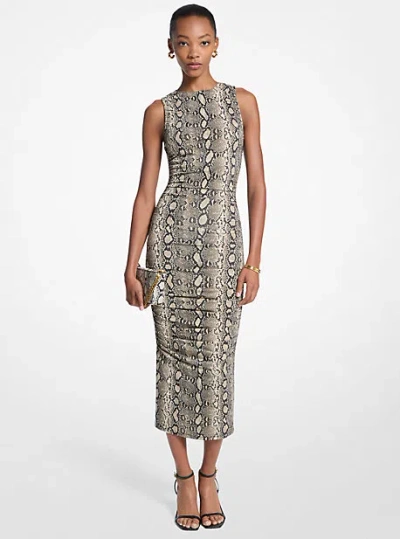 Michael Kors Snake Print Stretch Jersey Ruched Midi Dress In Brown
