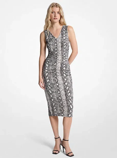 Michael Kors Snake Print Stretch Matte Jersey Ruched Midi Dress In Brown