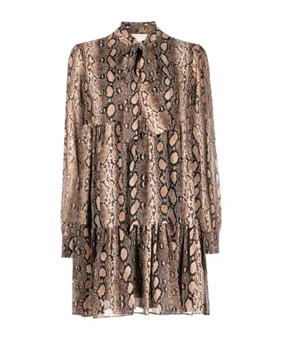 Michael Kors Snakeskin-print Pussy-bow Minidress In Brown