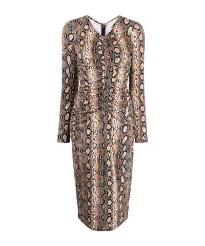 Michael Kors Snakeskin-print Ruched Midi Dress In Nude