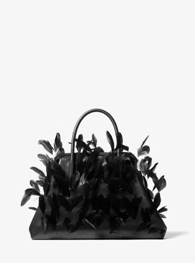 Michael Kors Sofia Large Hand-embroidered Feather Leather Frame Satchel In Black