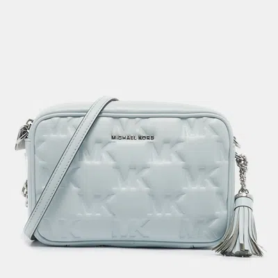 Pre-owned Michael Kors Soft Sky Blue Signature Embossed Faux Leather Medium Jet Set Camera Bag